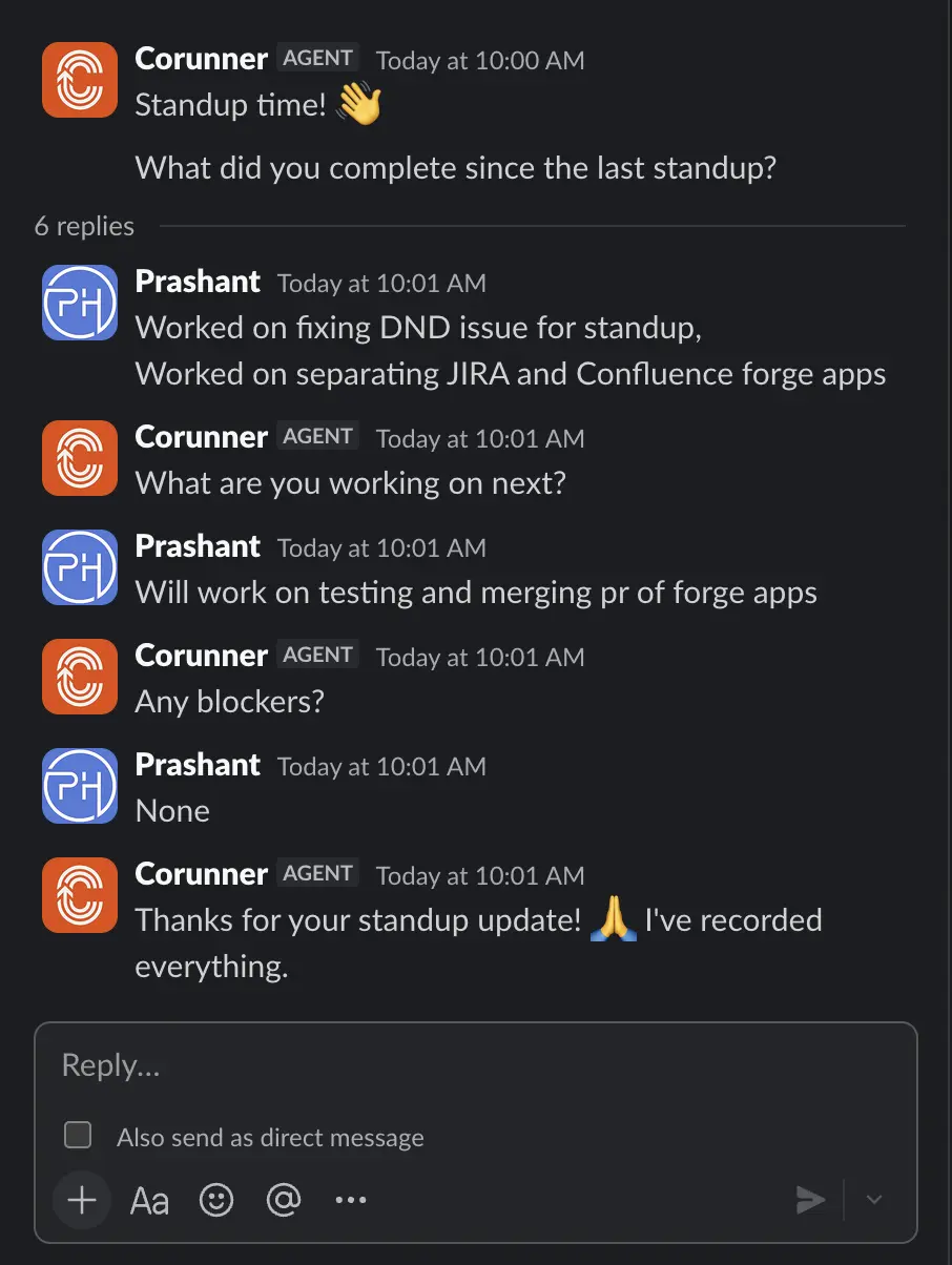 Corunner running an automated standup in Slack and recording the responses