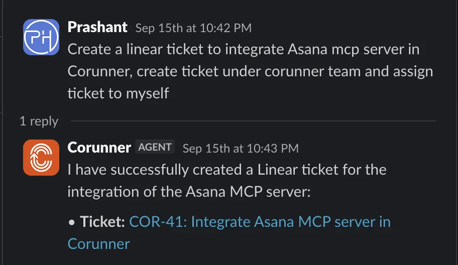 Corunner creating a Linear ticket directly from a Slack conversation